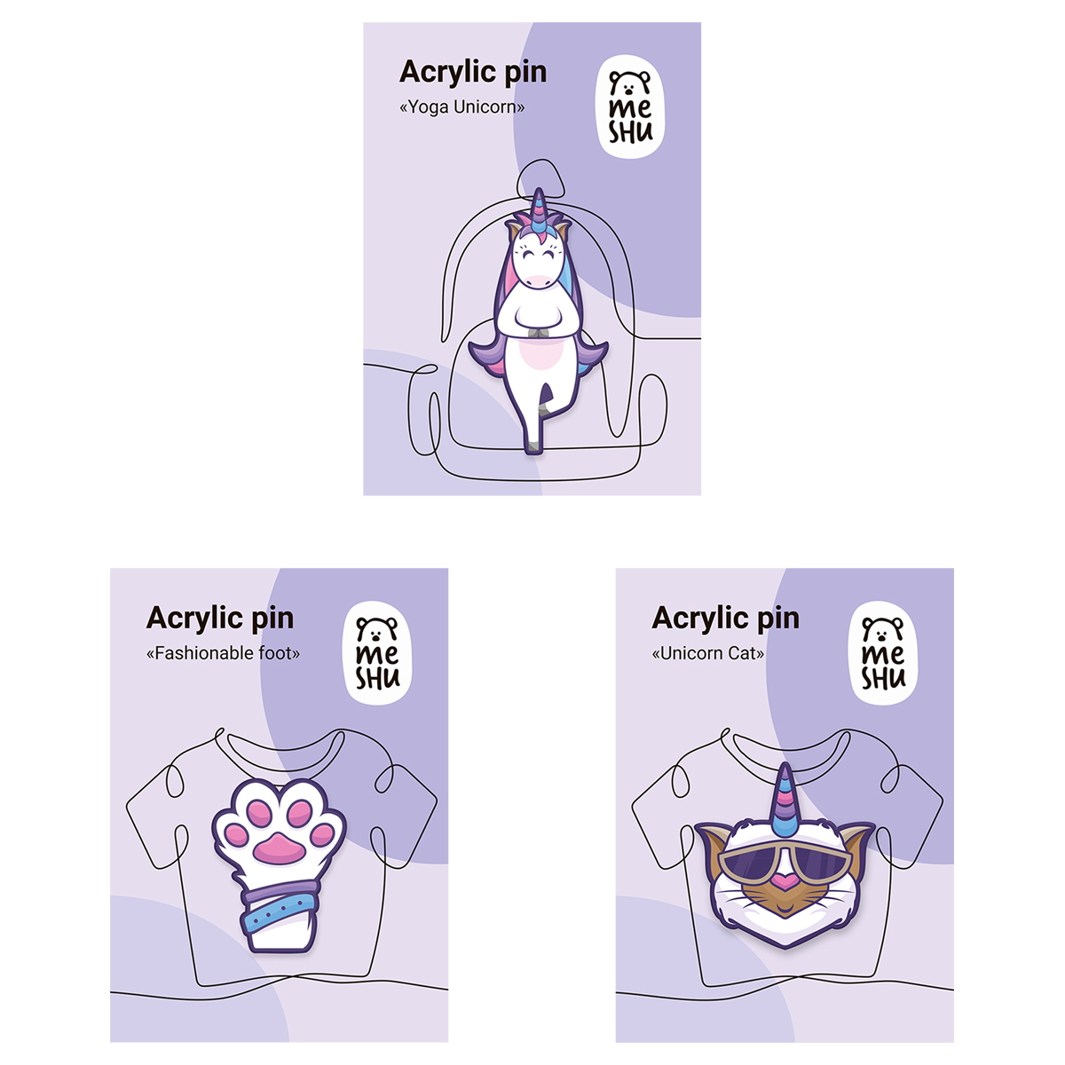 Набор акриловых значков MESHU "Unicorn style", прямая УФ-печать, 3шт.