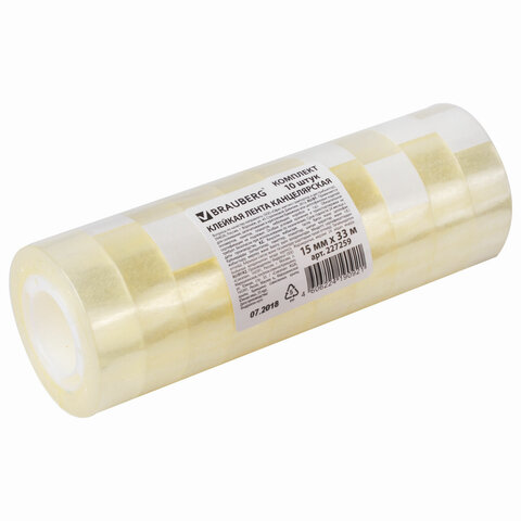 Клейкая лента 15 мм х 33 м канцелярская BRAUBERG, прозрачная, гарантированная длина