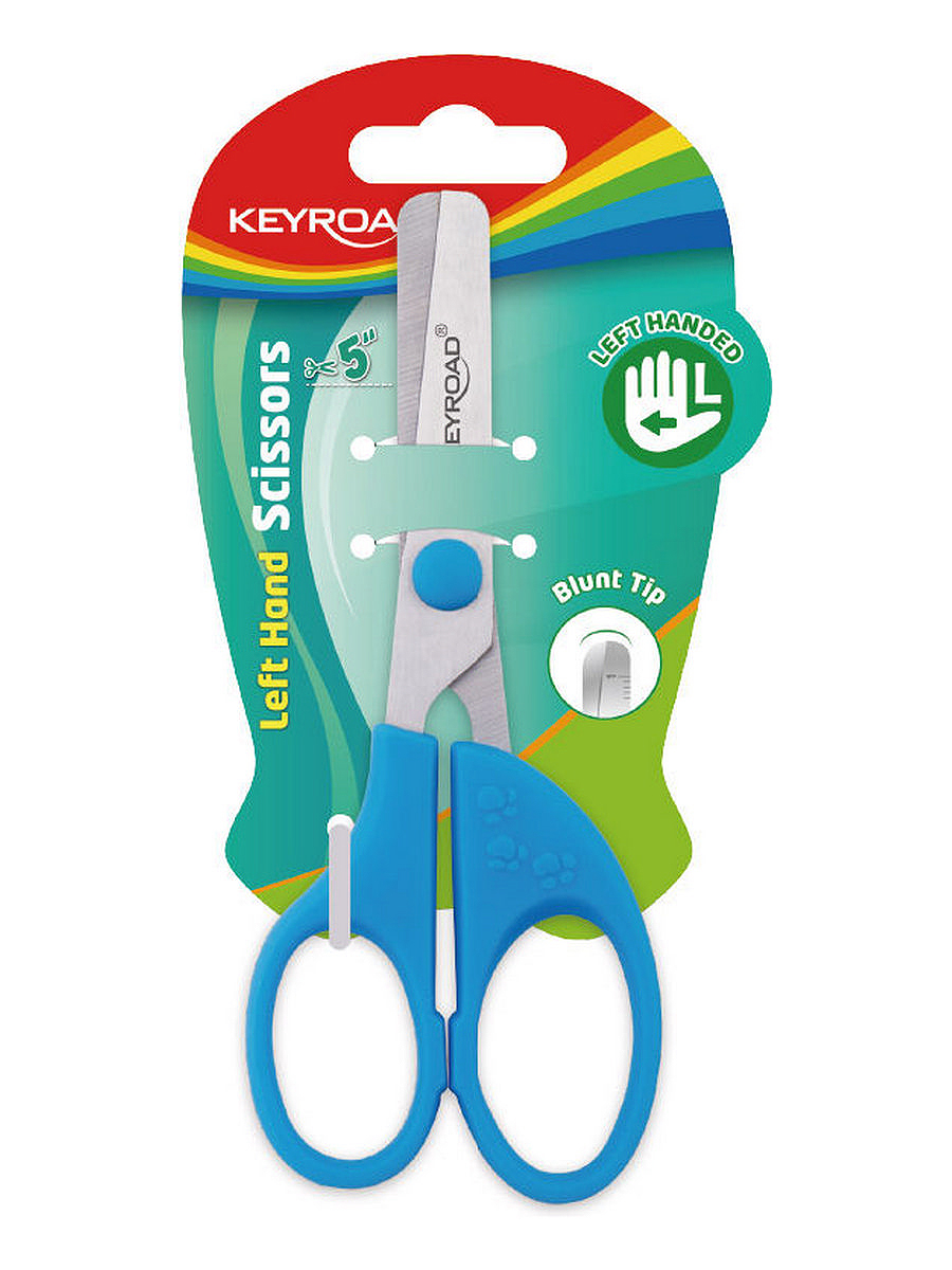 Ножницы детские для левшей KEYROAD 13см закругленные лезвия, асимметричные кольца,ассорти,блистер
