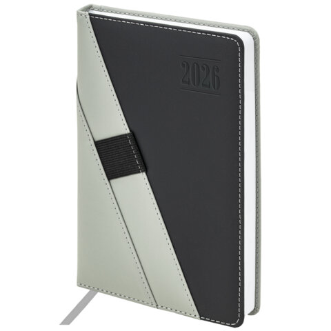 Ежедневник датированный 2026 А5 138х213мм BRAUBERG Swirl,под кожу, держатель для ручки, серый, 11748
