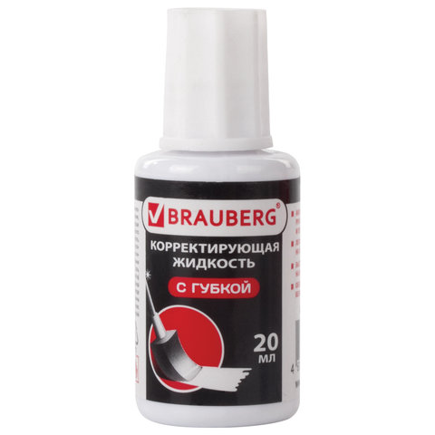 Корректирующая жидкость BRAUBERG "Premium", быстросохнущая, 20 мл, ЯРКО-БЕЛАЯ, с губкой, 224090