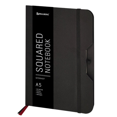 Блокнот А5 (148х218 мм), BRAUBERG "NOTE", под кожу софт-тач, с резинкой, 80 л., клетка, черный, 1134