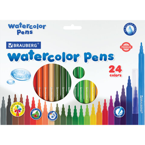 Фломастеры BRAUBERG "PREMIUM", 24 цвета, УЛЬТРАСМЫВАЕМЫЕ, классические, вентилируемый колпачок, карт