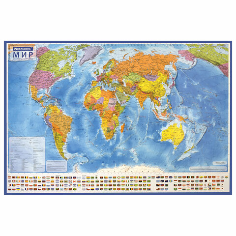 Карта мира политическая 117х80 см, 1:28М, с ламинацией, интерактивная, европодвес, BRAUBERG, 112384
