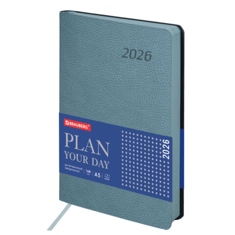 Ежедневник датированный 2026 А5 138x213мм BRAUBERG Stylish, под кожу гибкий, серо-голубой, 117105