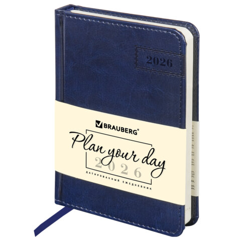 Ежедневник датированный 2026 МАЛЫЙ ФОРМАТ 100х150мм А6, BRAUBERG Imperial, под кожу, синий, 117255