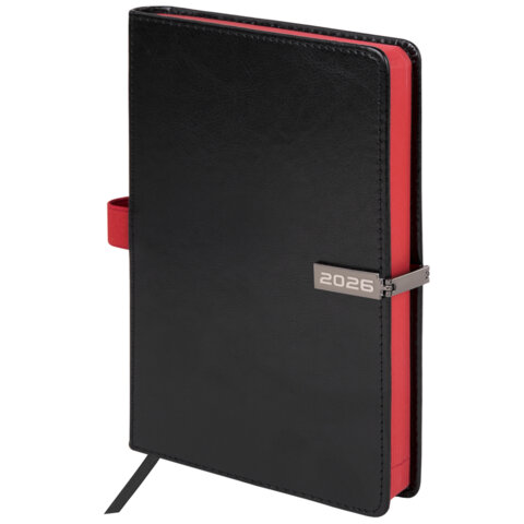 Ежедневник датированный 2026 А5 138x213мм BRAUBERG Inspiration, под кожу, цветной срез, черный, 1174