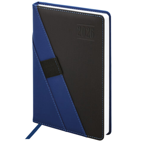 Ежедневник датированный 2026 А5 138х213мм BRAUBERG Swirl, под кожу, держатель для ручки, синий, 1174