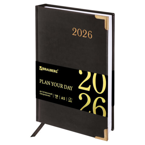 Ежедневник датированный 2026 А5 138x213мм BRAUBERG Senator, под кожу, черный, 117094