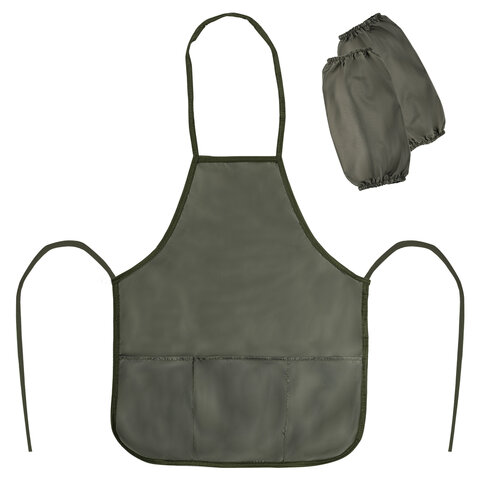 Фартук с нарукавниками для уроков труда ПИФАГОР, 3 кармана, стандартный размер, 44x55 см, хаки, 2737