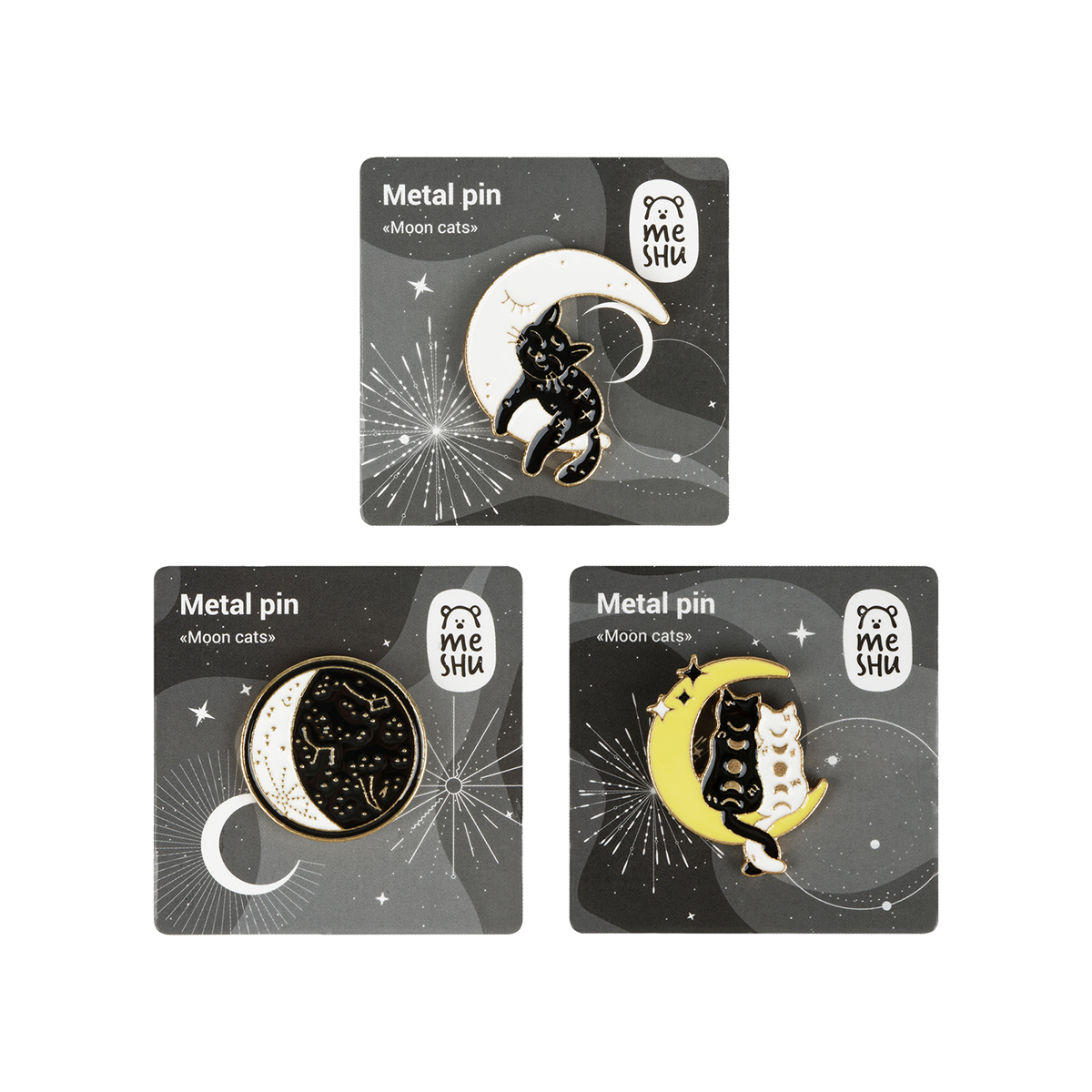 Набор металлических значков MESHU "Moon cats", эмаль, 3шт