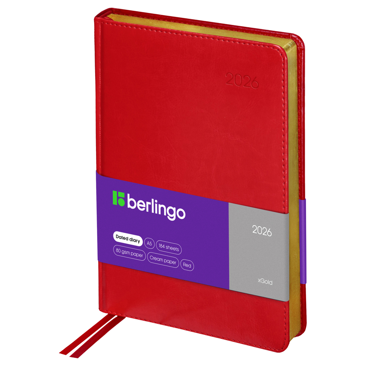 Ежедневник датированный 2026г., А5, 184л., кожзам, Berlingo "xGold", зол. срез, красный