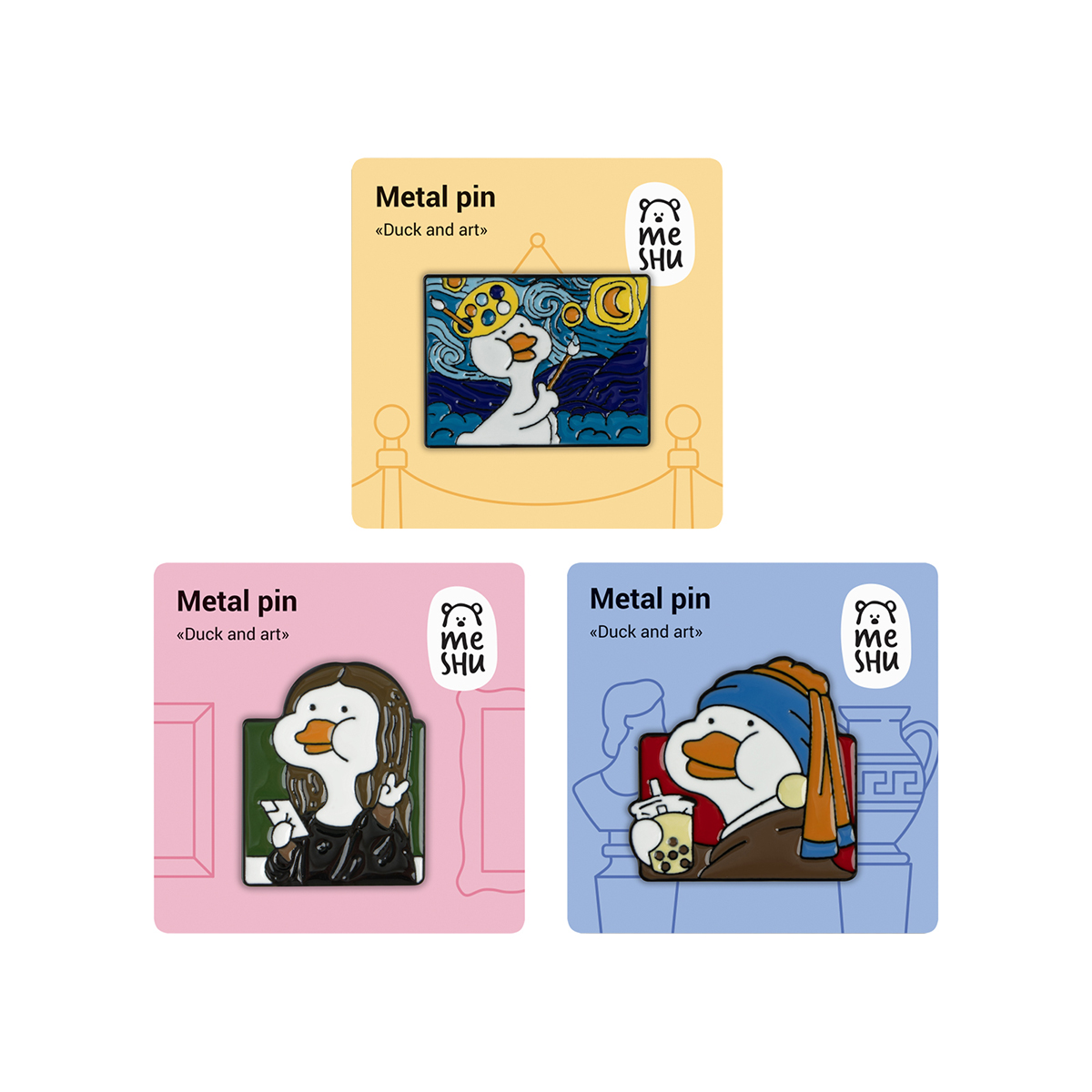 Набор металлических значков MESHU "Ducks and art", эмаль, 3шт