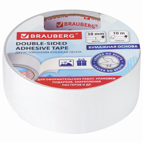 Клейкая двусторонняя лента 38 мм х 10 м, БУМАЖНАЯ ОСНОВА, BRAUBERG, 229056