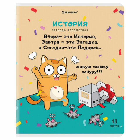 Тетрадь предметная "КОТ-ЭНТУЗИАСТ" 48л, TWIN лак, ИСТОРИЯ, клетка, BRAUBERG, 404563