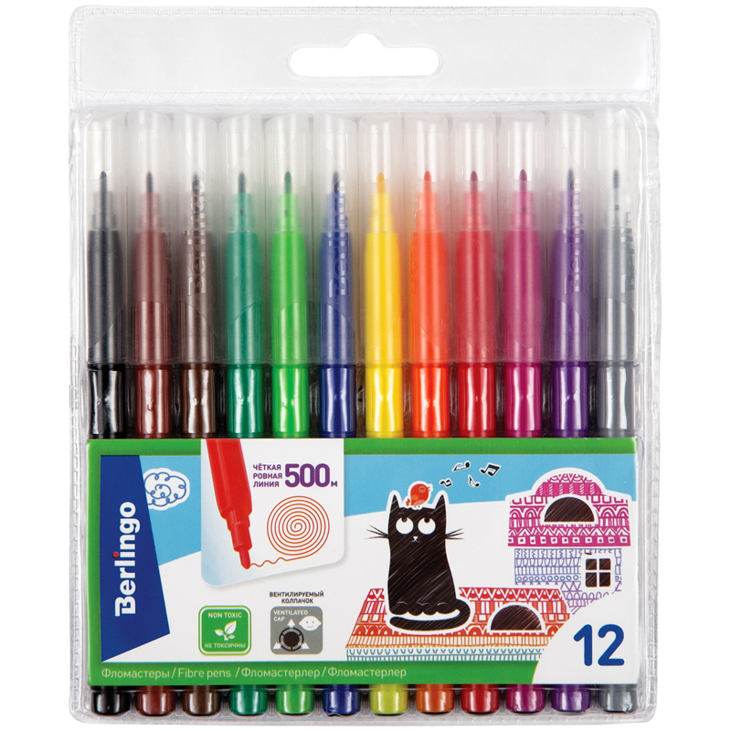 Фломастеры Berlingo "Жил-был кот", 12цв., смываемые, блистер