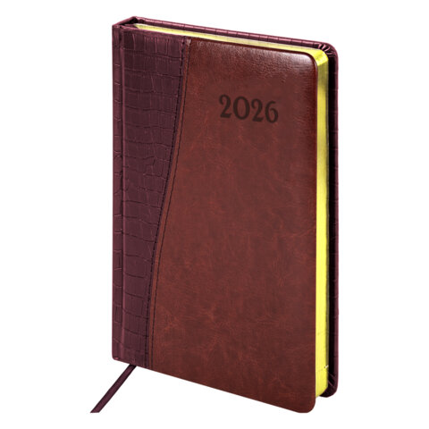 Ежедневник датированный 2026 А5 138x213мм BRAUBERG Cayman, под кожу, бордовый/коричневый, 117044