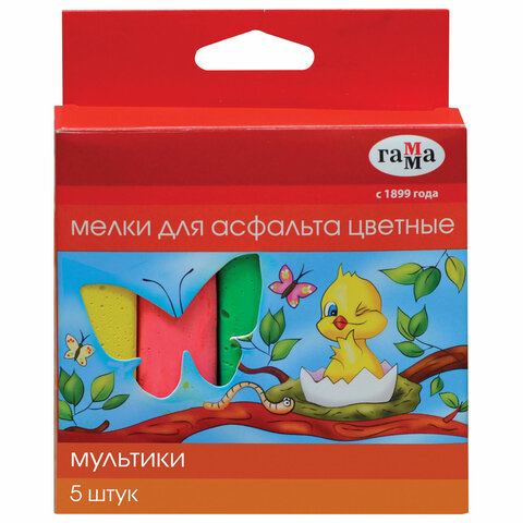 Мел цветной ГАММА "Мультики", НАБОР 5 шт., для рисования на асфальте, квадратный, 2304191