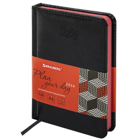 Ежедневник датированный 2026 МАЛЫЙ ФОРМАТ 100х150мм А6, BRAUBERG Rainbow, под кожу, черный, 117257